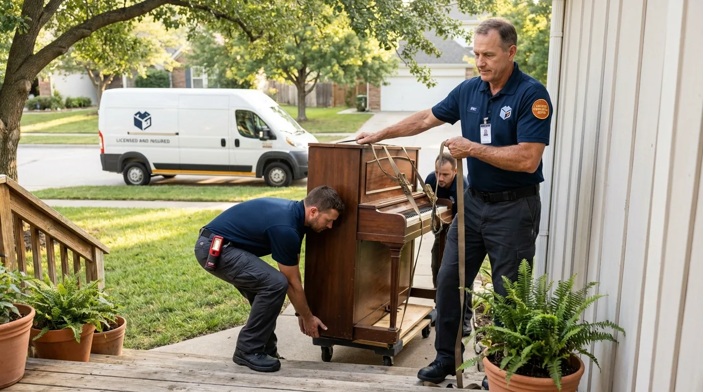 Licensed piano movers securing grand piano in Camdenton, MO